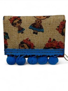 Frida Kahlo Blue Trim Trifold Coin Card Purse Wallet Mirror Pom Poms